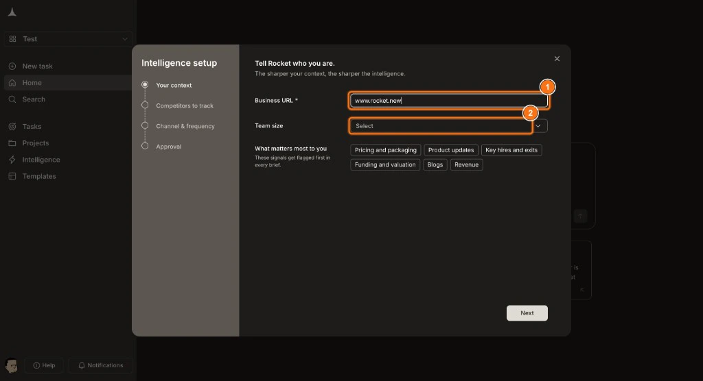 Your context step showing Business URL, Team size, and signal categories