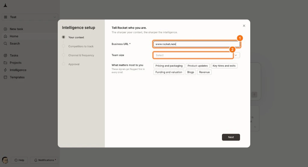 Your context step showing Business URL, Team size, and signal categories