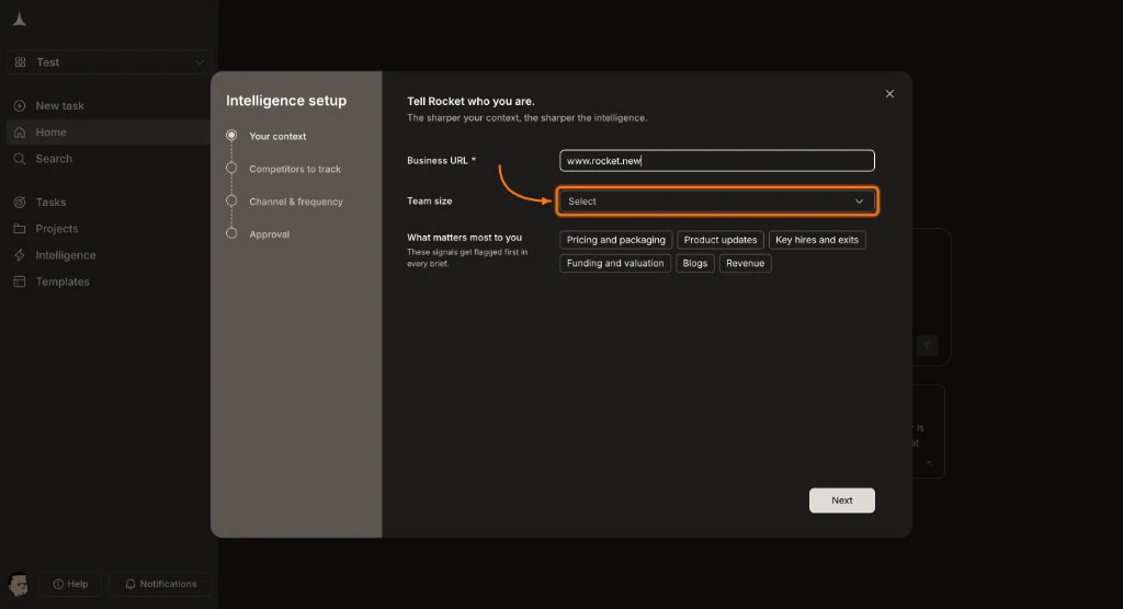 Team size dropdown highlighted