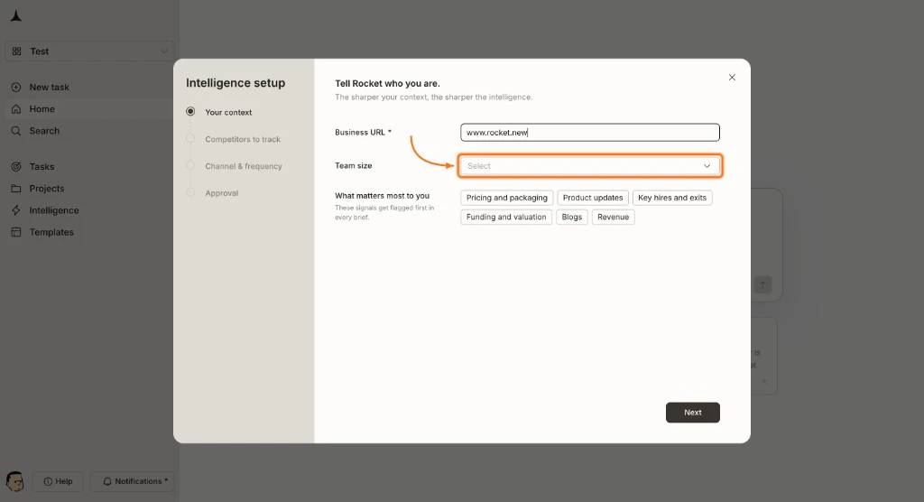 Team size dropdown highlighted