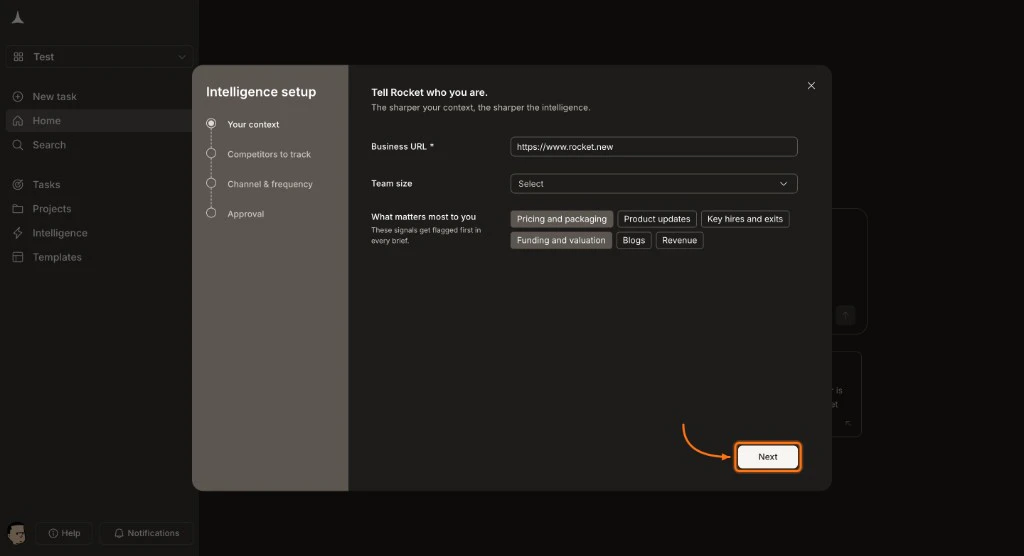 Completed Your context form with Next button highlighted