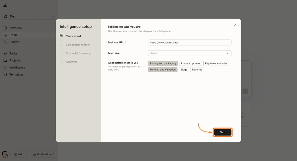 Completed Your context form with Next button highlighted