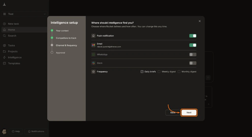 Channel and frequency step with notification toggles and frequency checkboxes