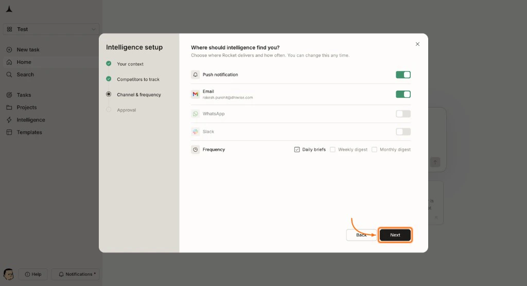 Channel and frequency step with notification toggles and frequency checkboxes