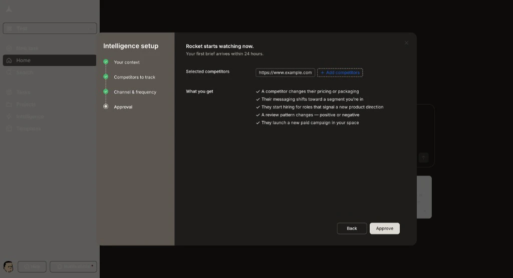 Approval step showing selected competitors and What you get summary