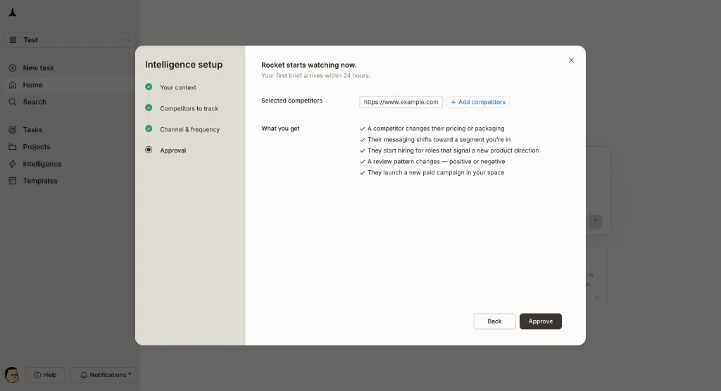 Approval step showing selected competitors and What you get summary