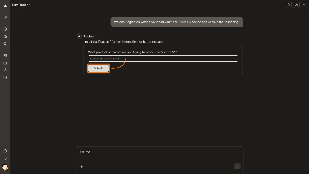 Solve clarifying question form with a text input and Submit button.
