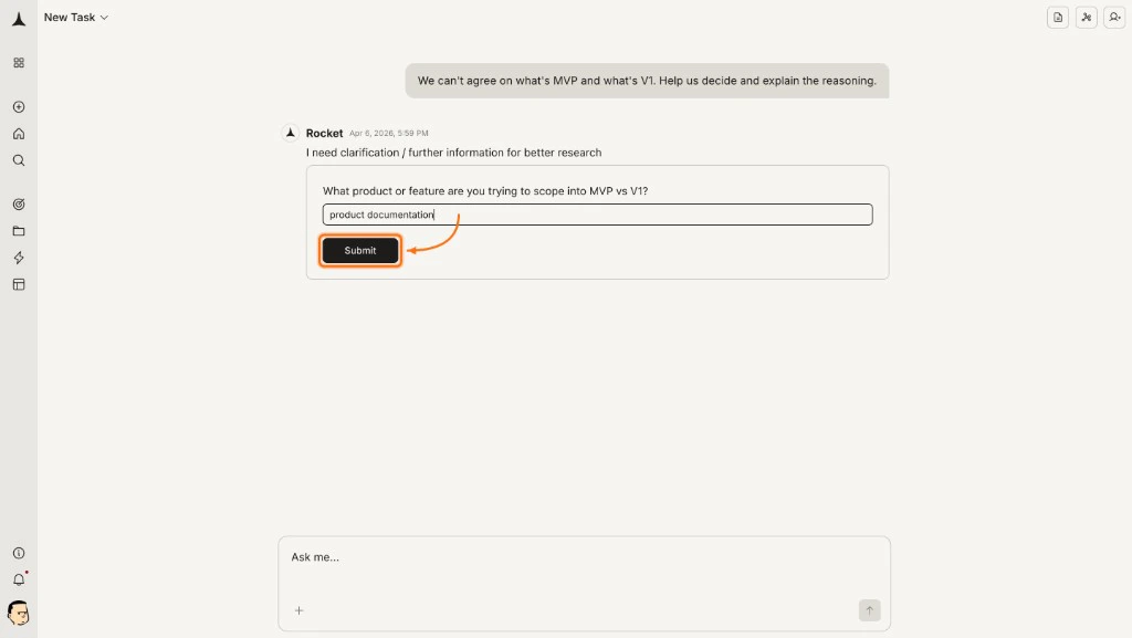 Solve clarifying question form with a text input and Submit button.