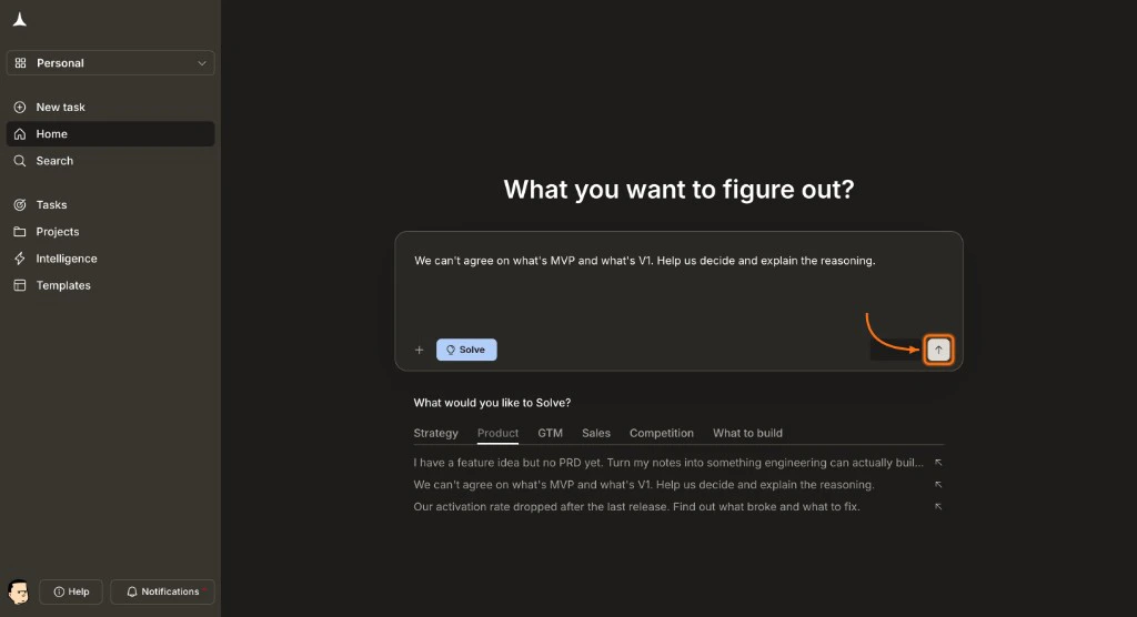 Solve input field with a typed business question and the Send button.