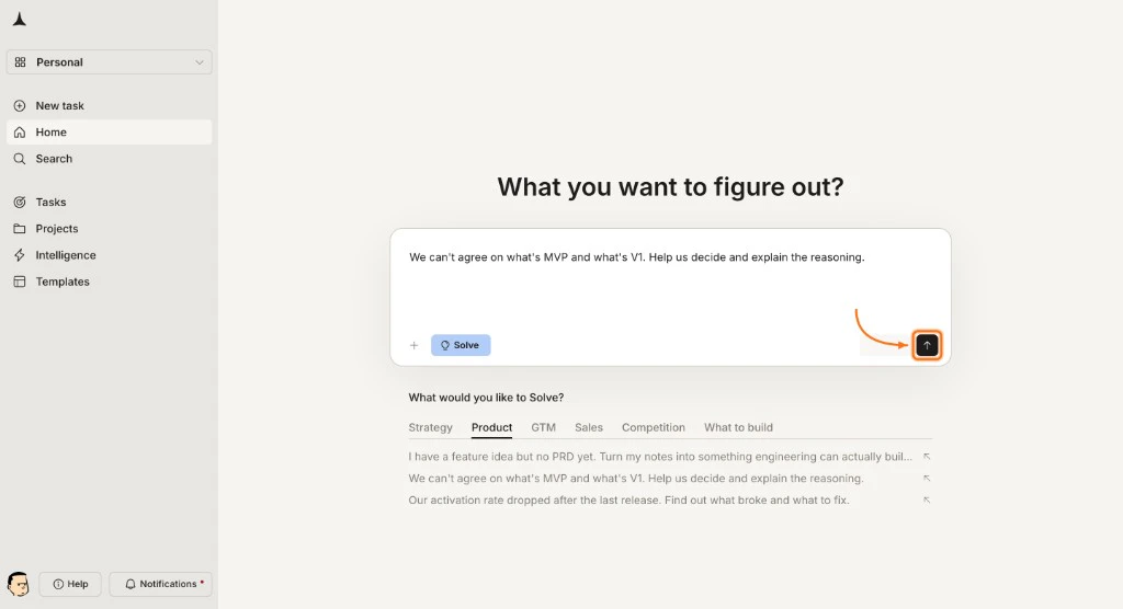 Solve input field with a typed business question and the Send button.