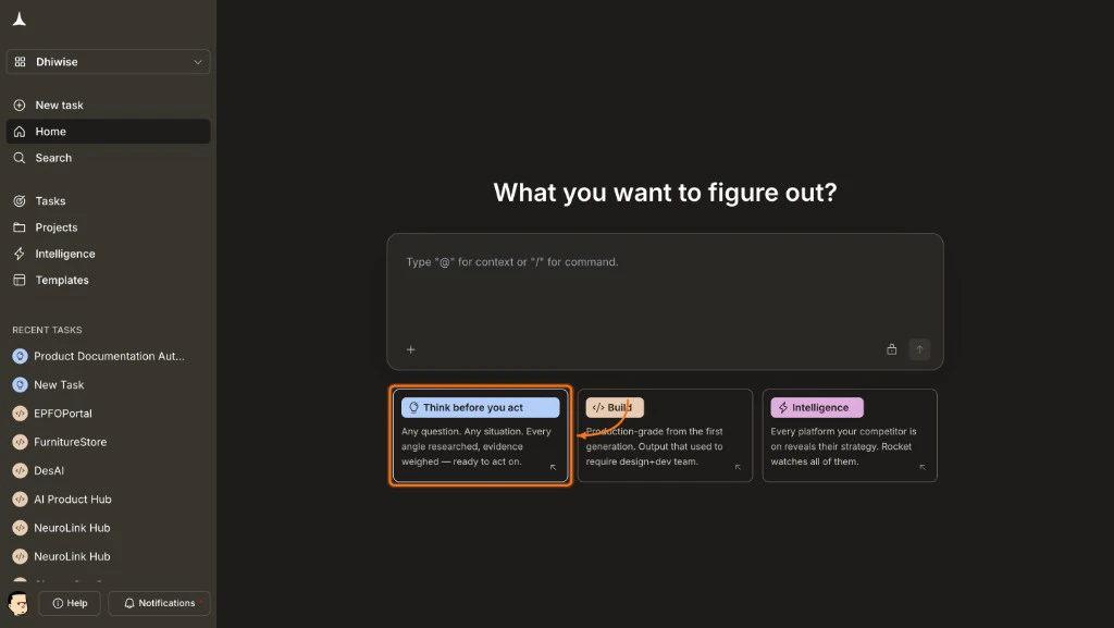 Rocket home screen showing three capability cards with the Solve card highlighted