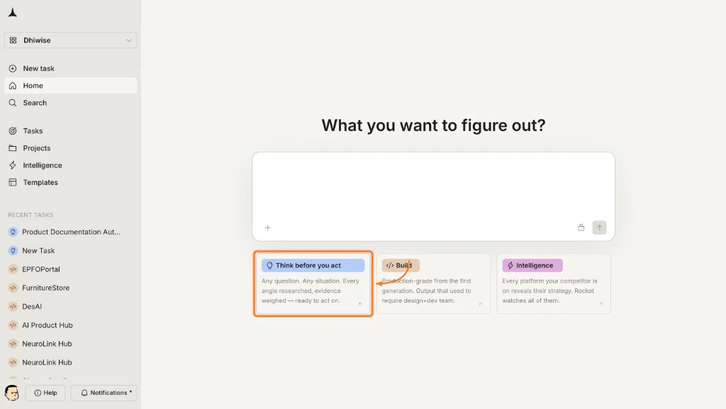 Rocket home screen showing three capability cards with the Solve card highlighted
