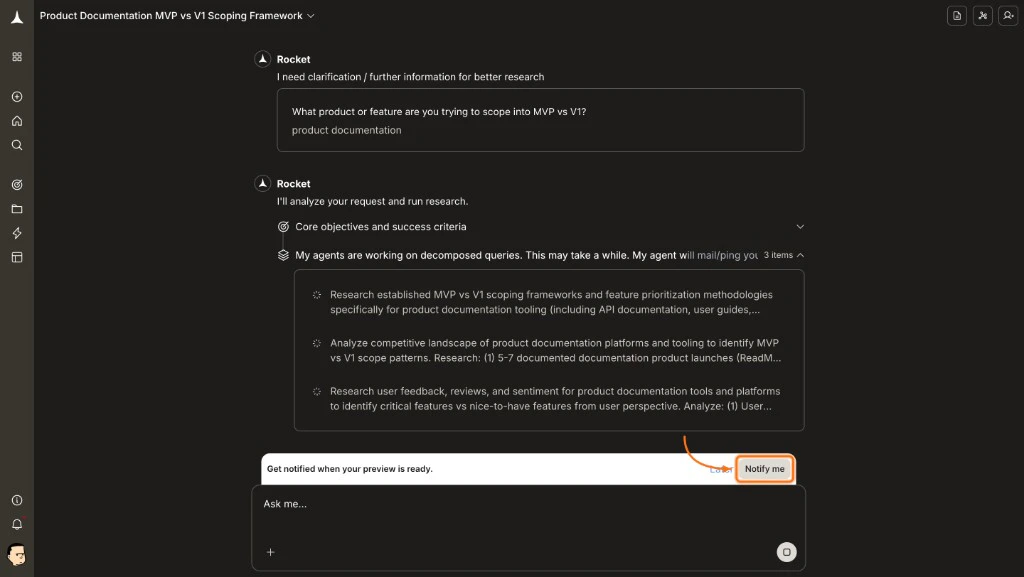 Get notified when your preview is ready banner with a Notify me button.