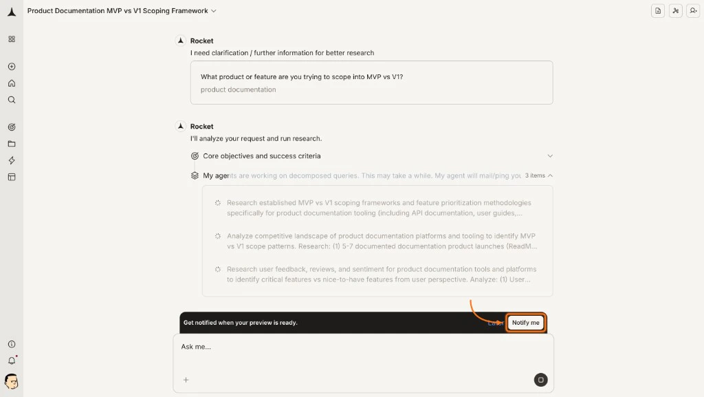 Get notified when your preview is ready banner with a Notify me button.