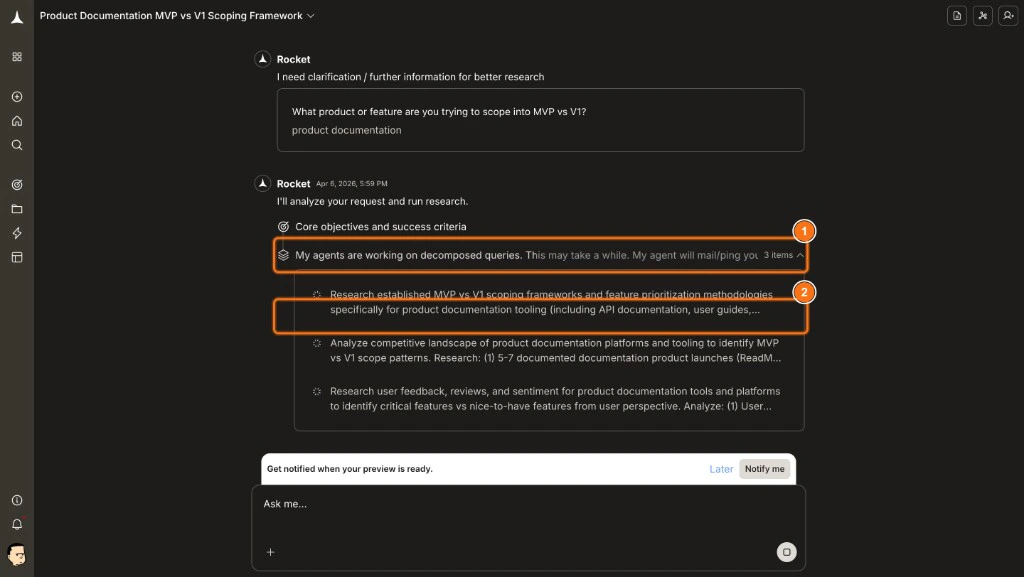 Solve research pipeline showing decomposed queries and parallel agent streams.