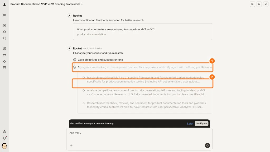 Solve research pipeline showing decomposed queries and parallel agent streams.