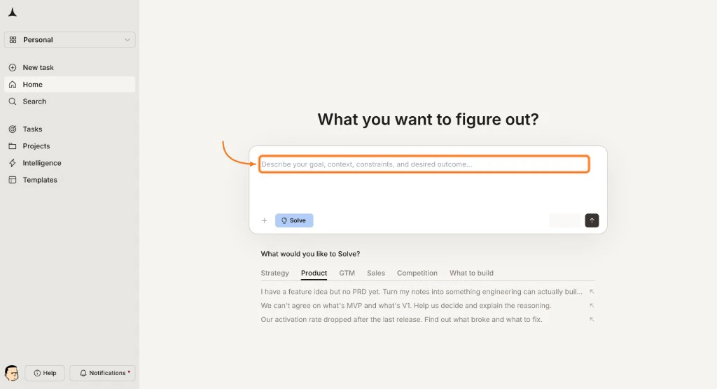 Rocket Solve input box with category suggestion chips and attachment icon