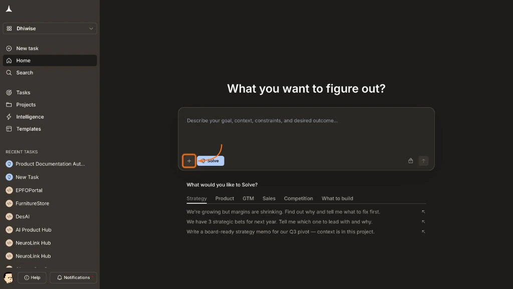 Solve input field showing the + attachment icon, Solve mode badge, and prompt category tabs