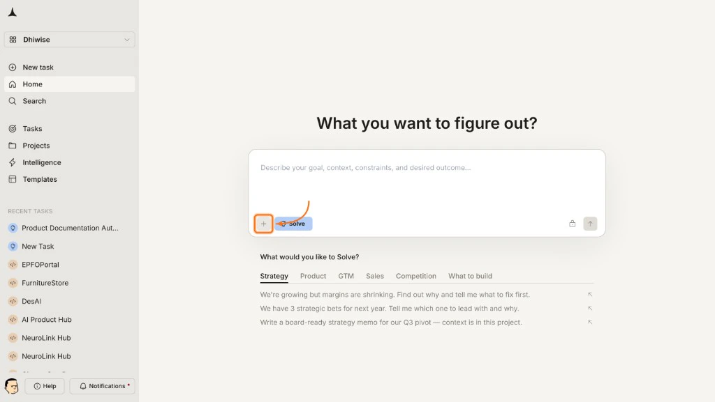 Solve input field showing the + attachment icon, Solve mode badge, and prompt category tabs