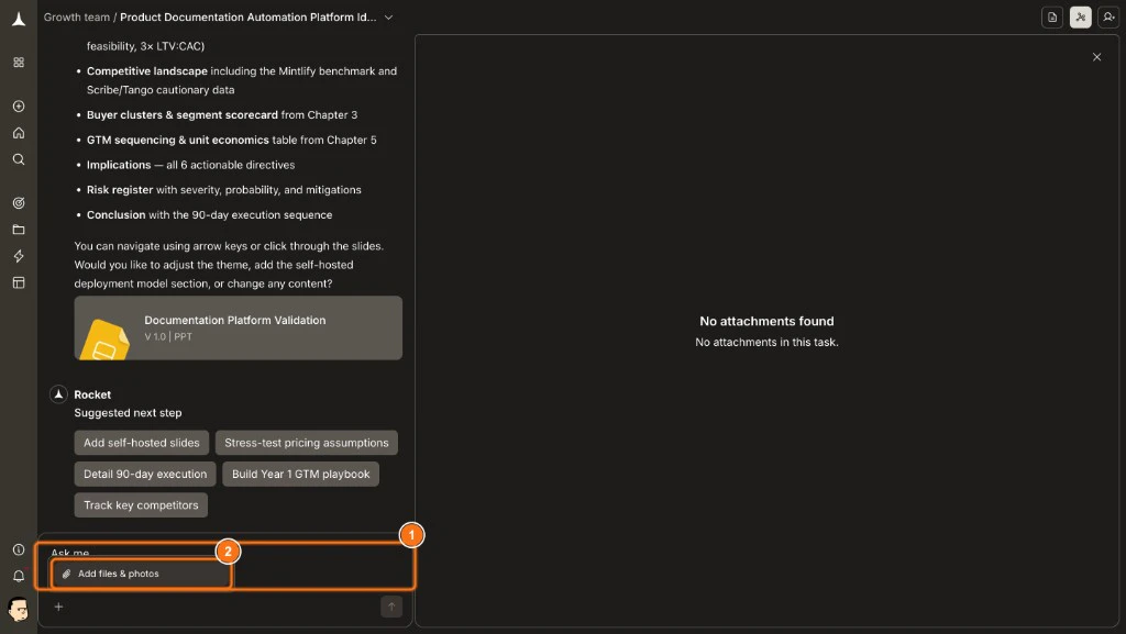 Attachments panel open on the right side with the chat input showing the Add files and photos option highlighted