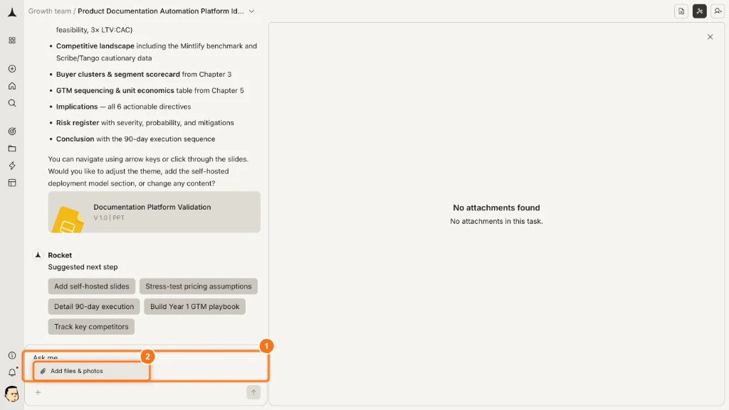 Attachments panel open on the right side with the chat input showing the Add files and photos option highlighted
