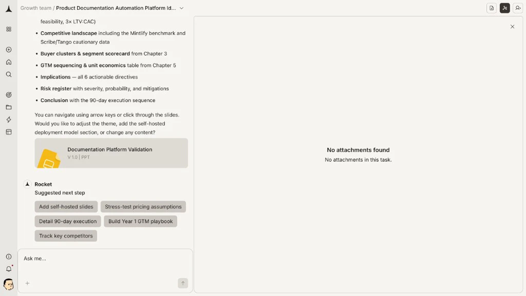 Attachments panel open on the right side showing no attachments