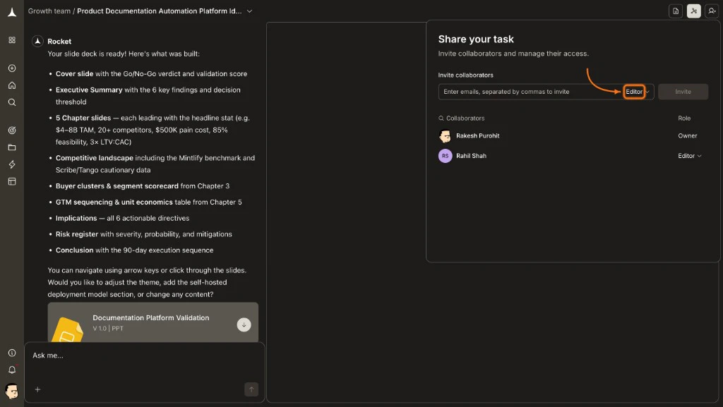 Share your task overlay showing the invite collaborators form with email field, role selector, and collaborator list