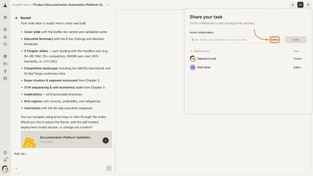 Share your task overlay showing the invite collaborators form with email field, role selector, and collaborator list