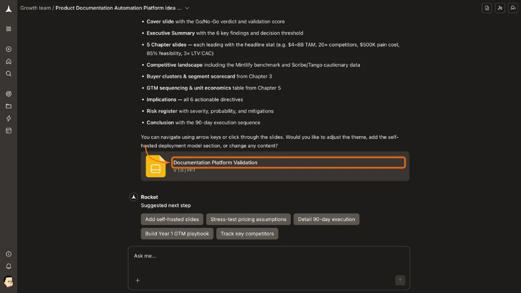 Chat view after report generation showing the document card with version label and suggested next step chips