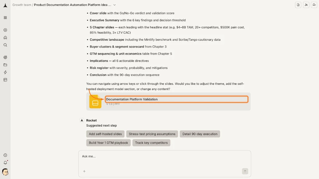 Chat view after report generation showing the document card with version label and suggested next step chips