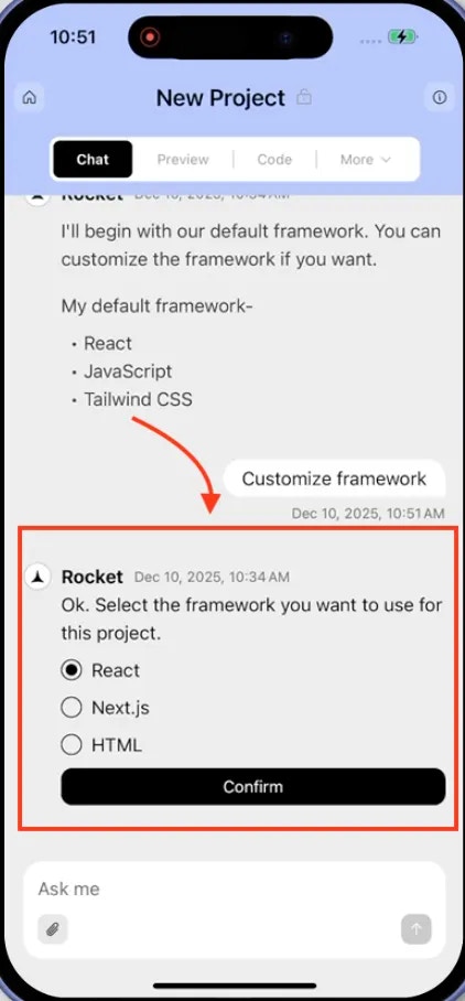 Mobile framework customization screen where you can modify the default Web App stack.