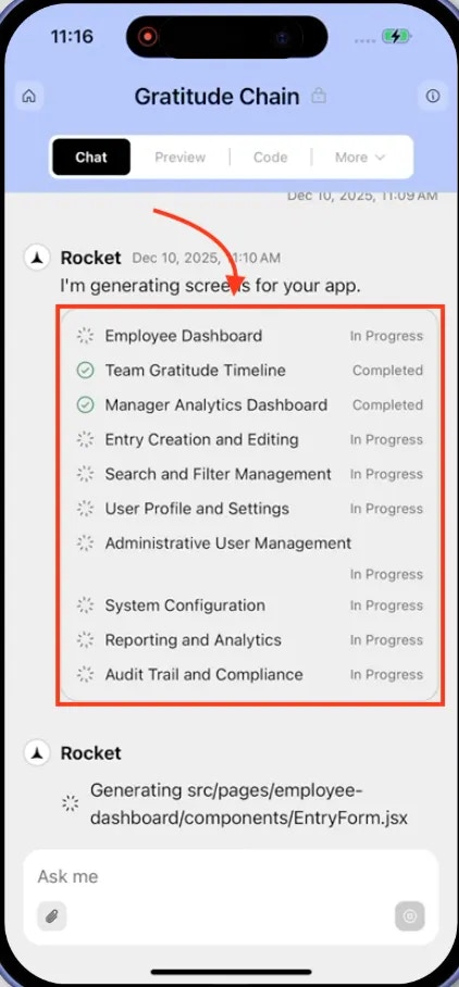Mobile screen list showing build progress with Completed, In progress, and Failed indicators.