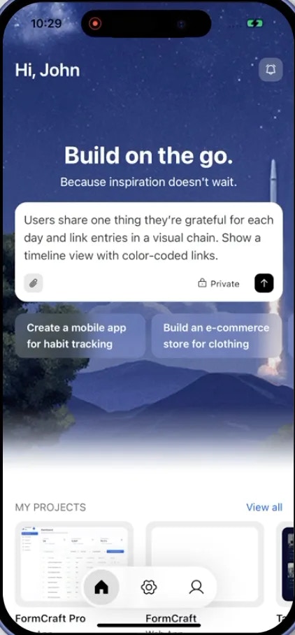 Mobile chat field where you enter your app idea for Rocket to build from.