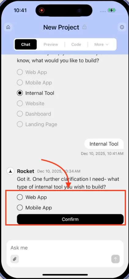 Mobile prompt asking you to choose Web or Mobile to continue building the internal tool.