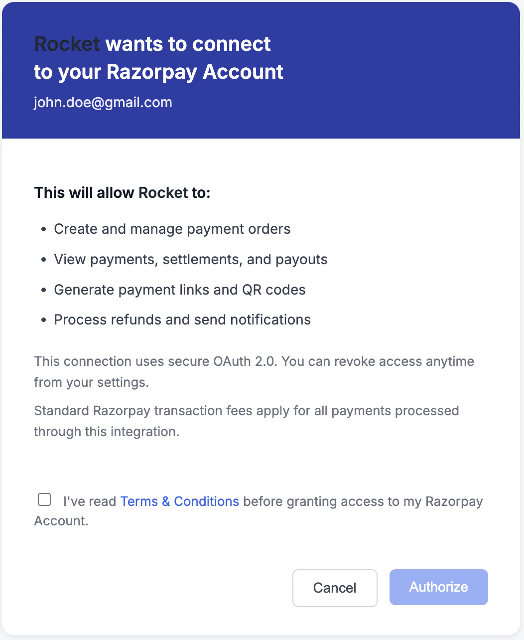 Razorpay OAuth authorization screen showing the permissions Rocket is requesting.