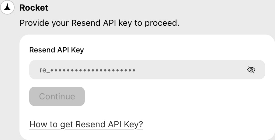Popup showing secure input field for Resend API key during function creation.