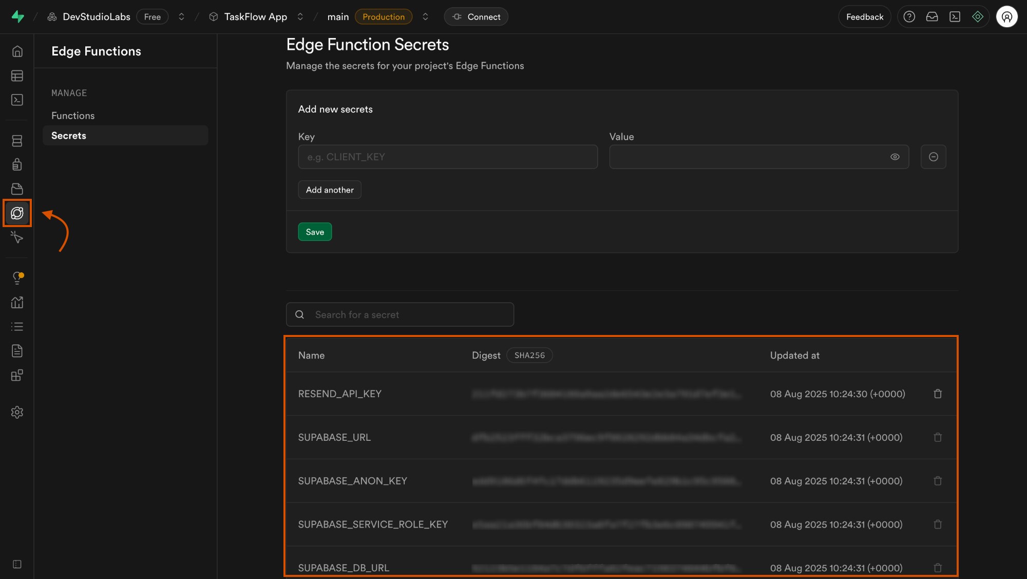 Supabase dashboard displaying secrets linked to Edge Functions.