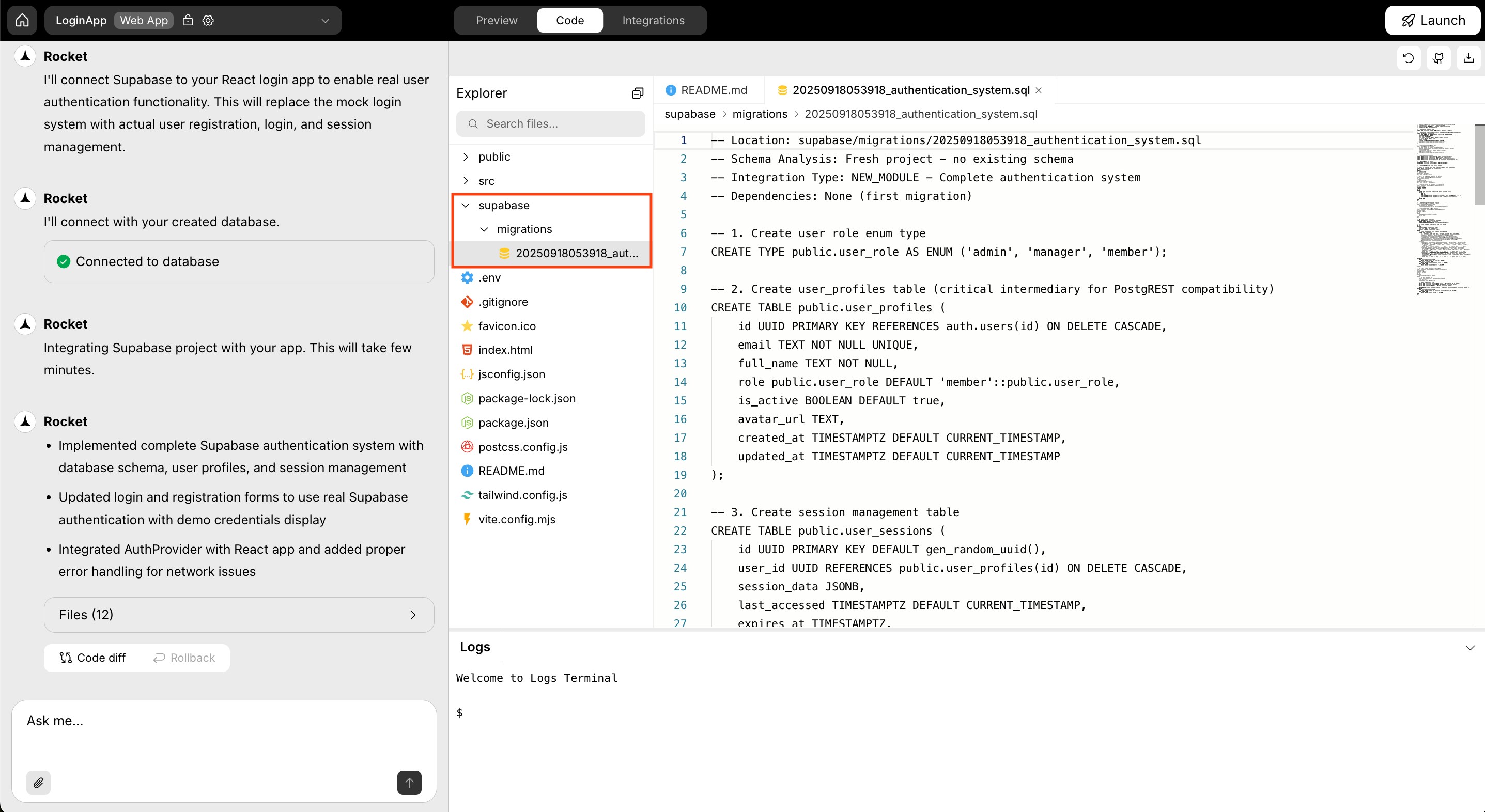 Rocket code view showing the Supabase migrations folder.