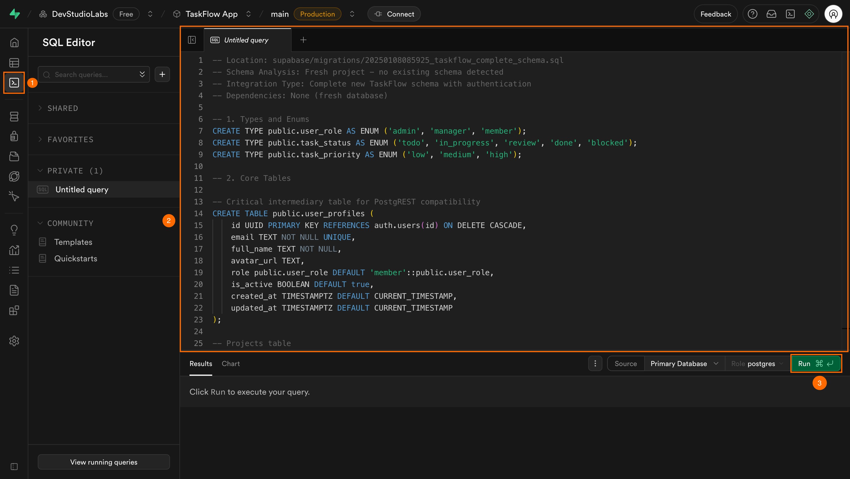 Supabase SQL editor showing a pasted migration script ready to run.