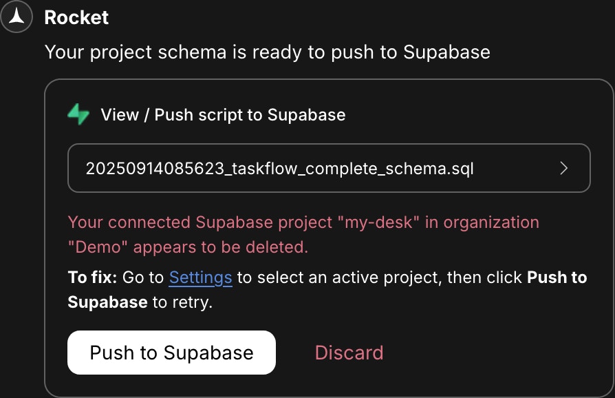 Error message indicating the Supabase project is deleted or disconnected.