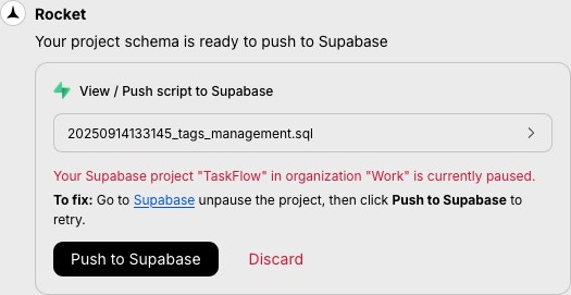 Error message indicating the connected Supabase project is paused.