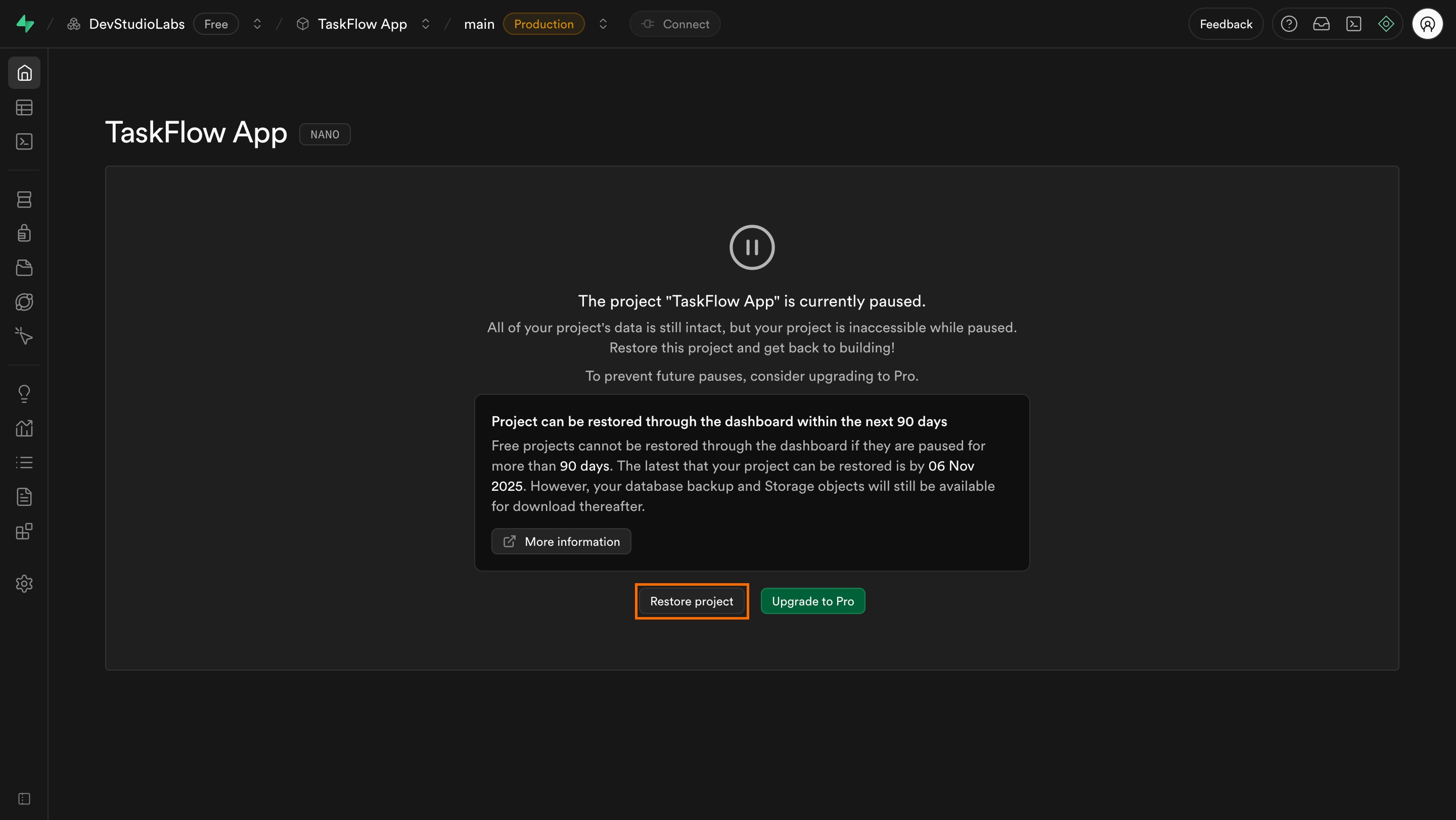 Restore Project button highlighted in the Supabase dashboard.