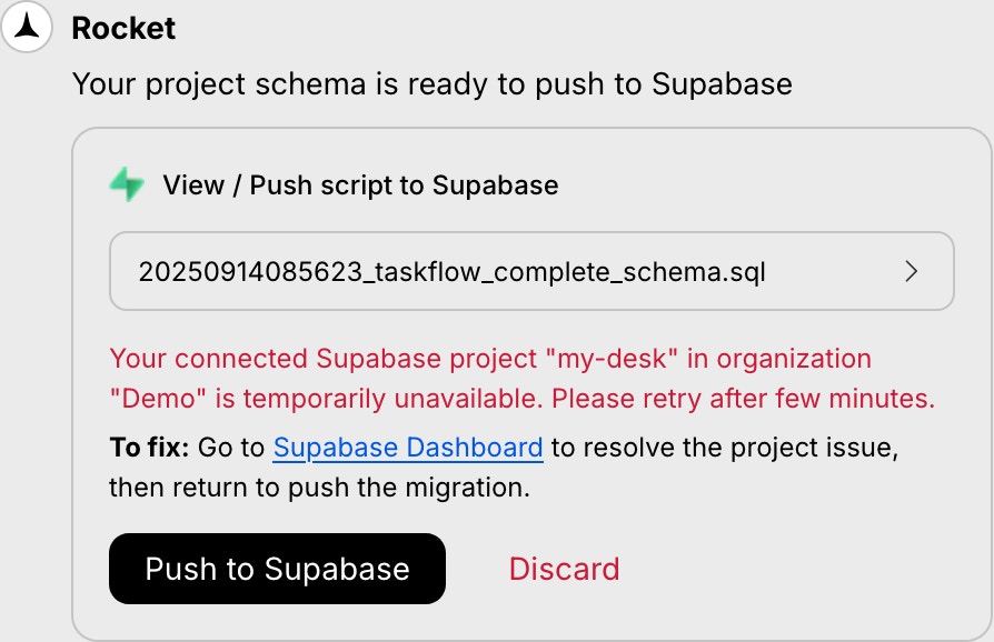Message showing Supabase is temporarily unavailable.