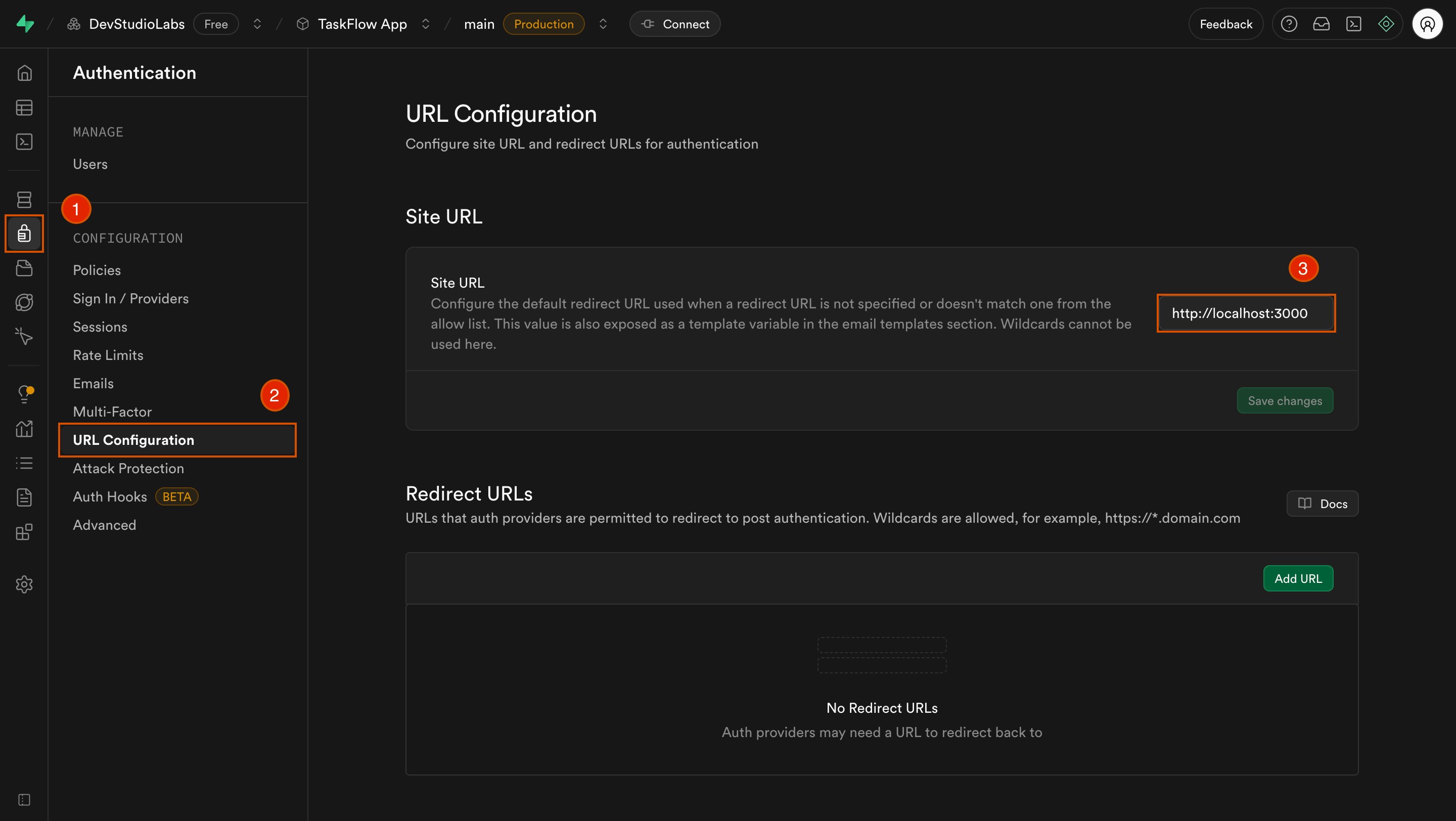 Supabase authentication settings showing the URL Configuration tab with the Site URL field.