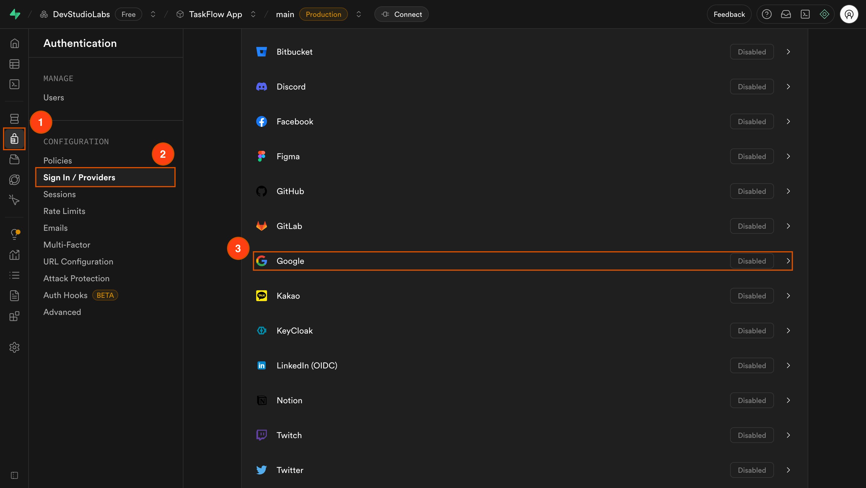 List of authentication providers inside Supabase settings.