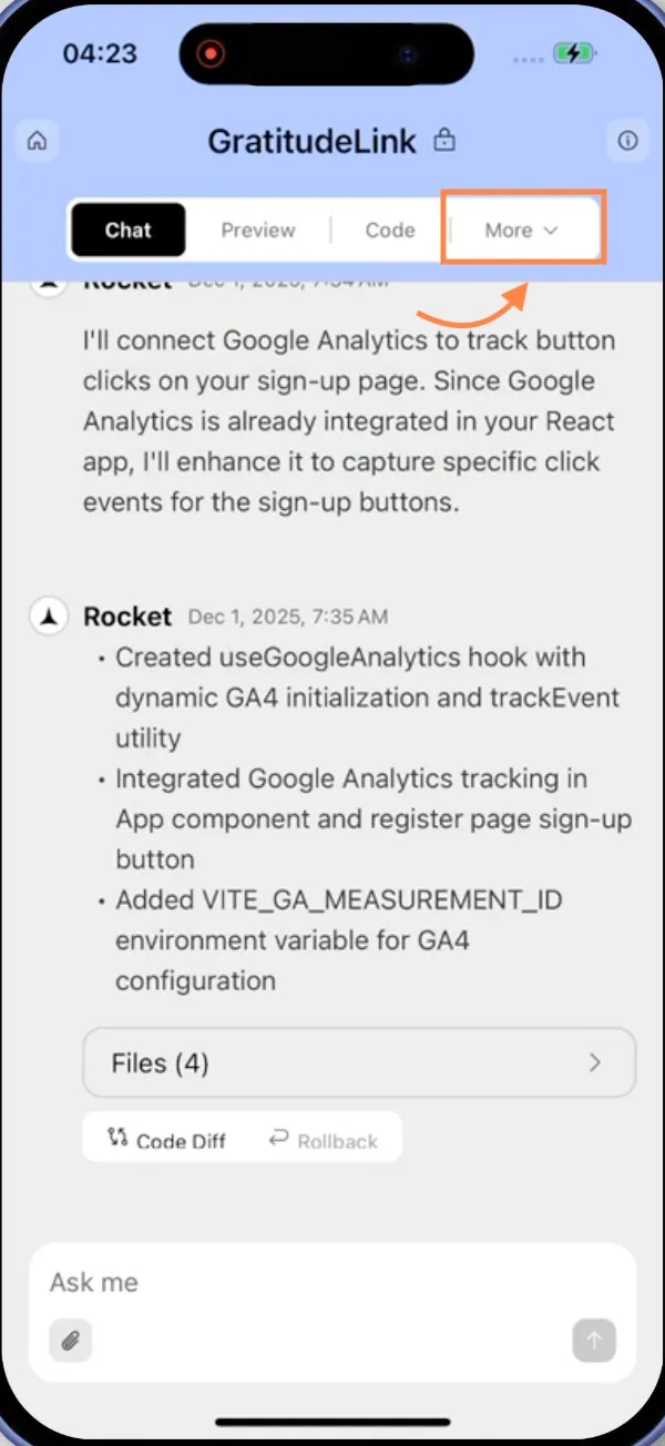 More tab highlighted in the navigation bar at the bottom of the screen.
