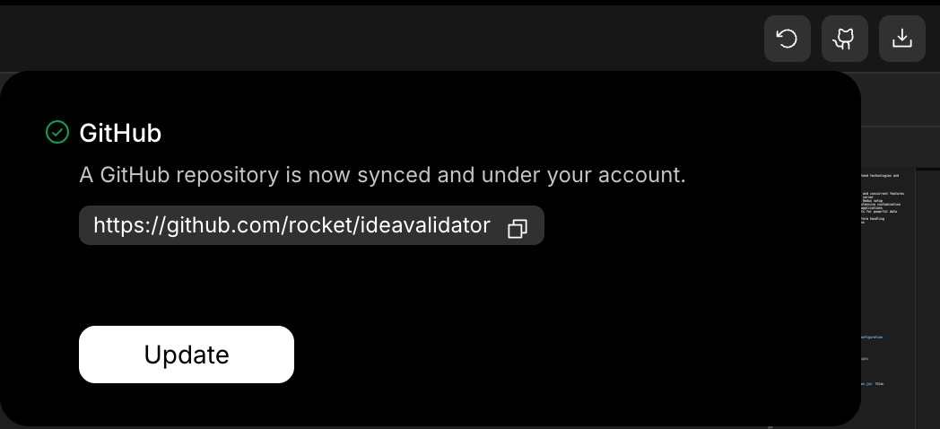 GitHub update button in Rocket for syncing project changes.