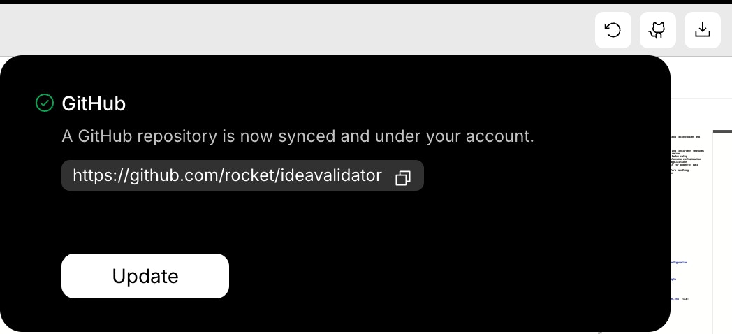 GitHub update button in Rocket for syncing project changes.