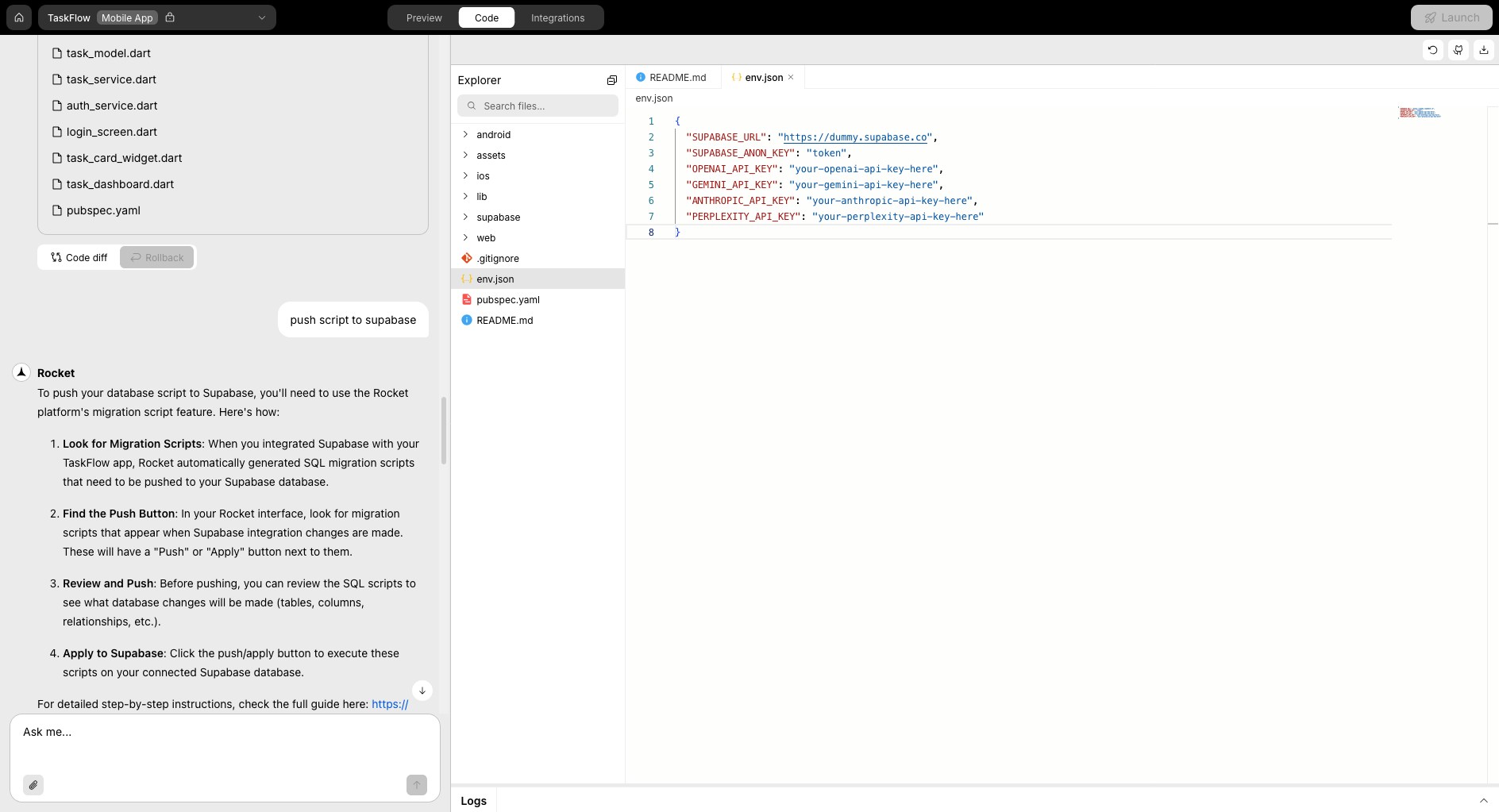 Editing environment key in env.json file.