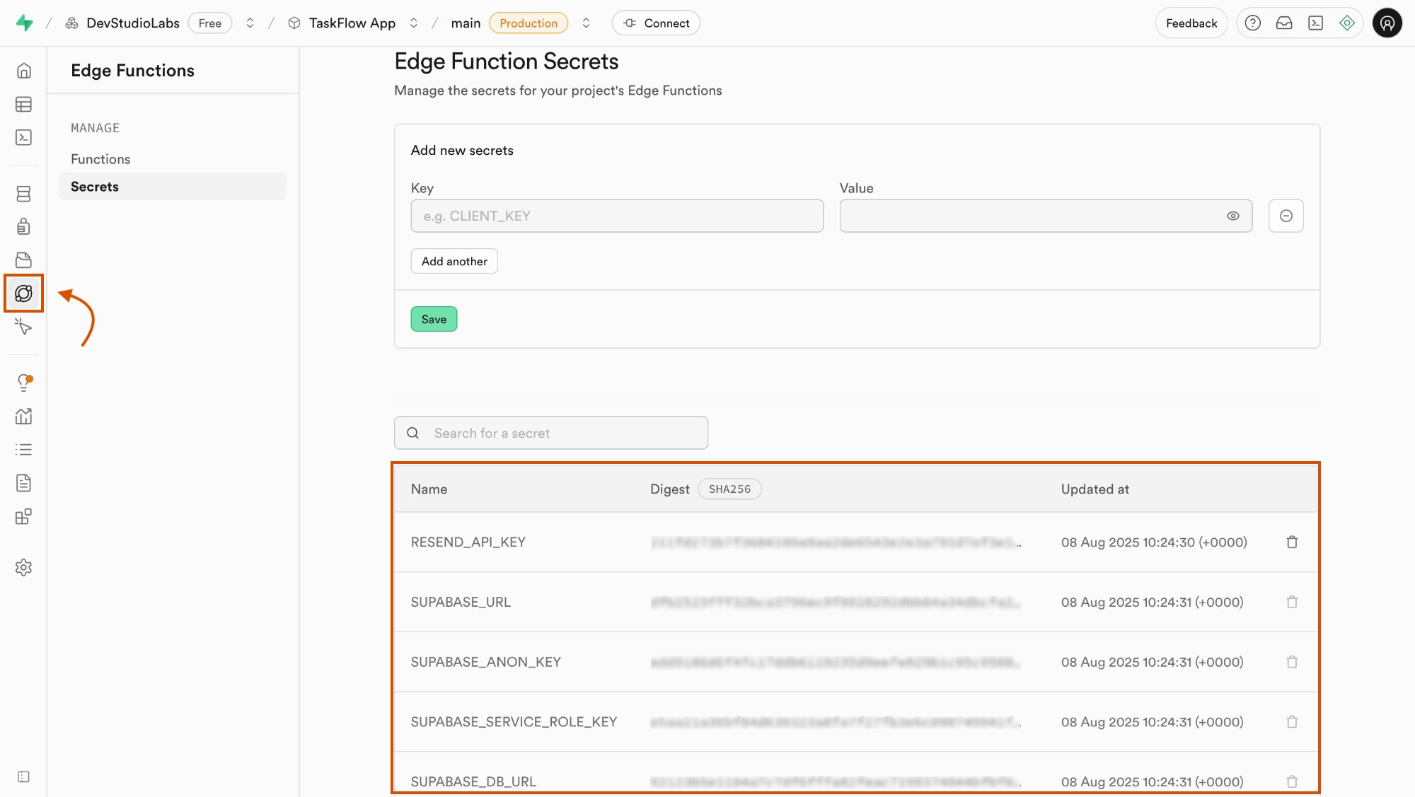 Supabase dashboard displaying secrets linked to Edge Functions.